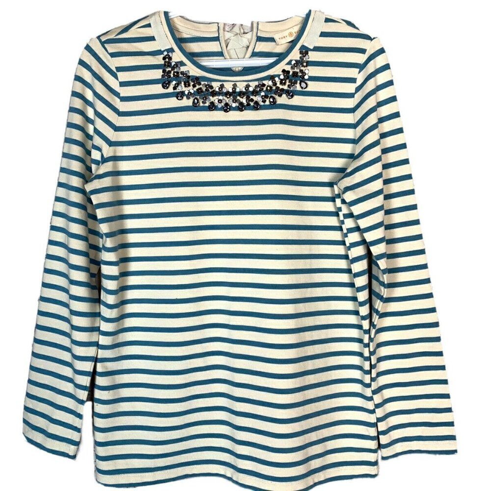 Tory Burch T-Shirt Casual Long Sleeve Blue White Striped Back Embellished Tie - Picture 5 of 13